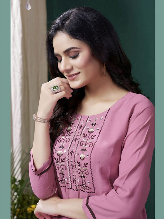 Pink Color Formal Looking Kurti With Maaza Cotton Hand Work With Pocket