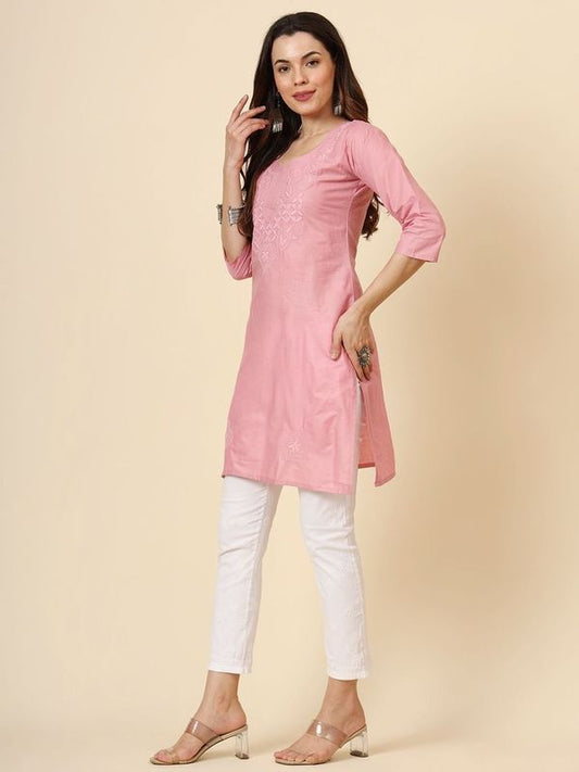 Pink Cotton Thread Embroidery Work Formal Looks Classy Casual Looks Kurta