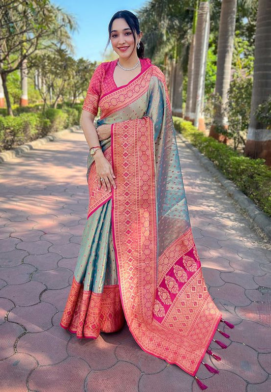 Grey Tissue Silk Weaving Jari Designer Ethnic Traditional Saree