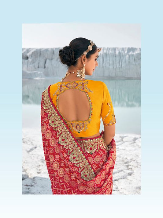 Red Wevon Jari Designer & Bandhani Patola & Embroidery Work Georgette Saree