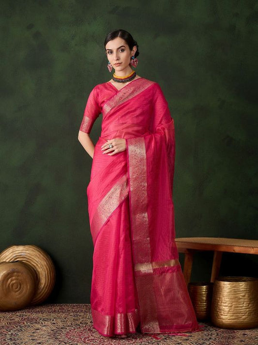 Pink Color Khadi Organza Wevon Jacquard Designer Traditional Festive Wear Saree