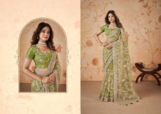 Parrot Heavy Embroidery & Patch & Pearl Work Net Saree