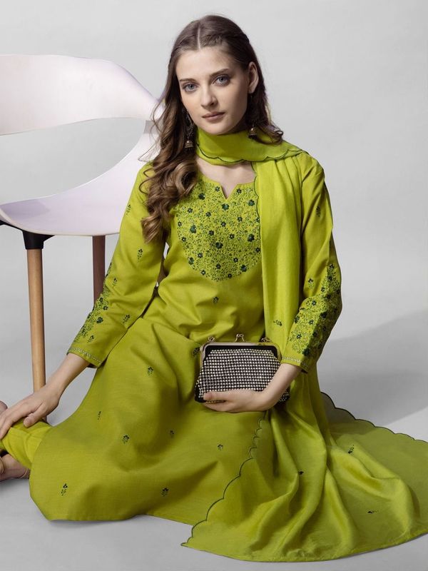 Parrot Green Color Cotton Blend Readymade Dress With Designer Embroidery Work