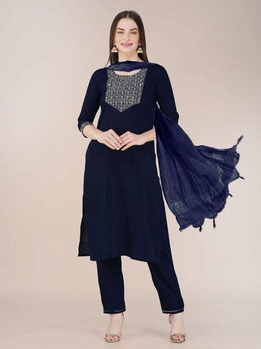 Navy Blue Color Cotton Blend Sophisticated Partywear Suit For Girlie Looks