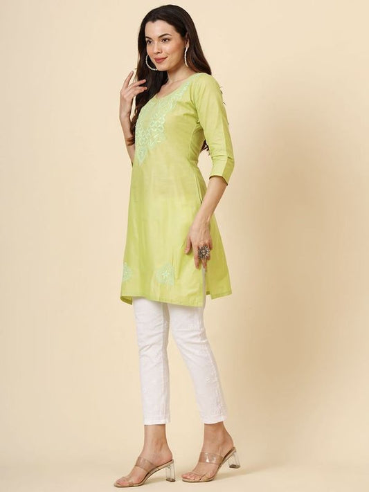 Green Cotton Thread Embroidery Work Formal Looks Classy Casual Looks Kurta