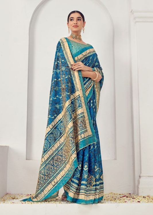 Blue Wevon Jari Designer & Digital Printed Natural Viscose Saree