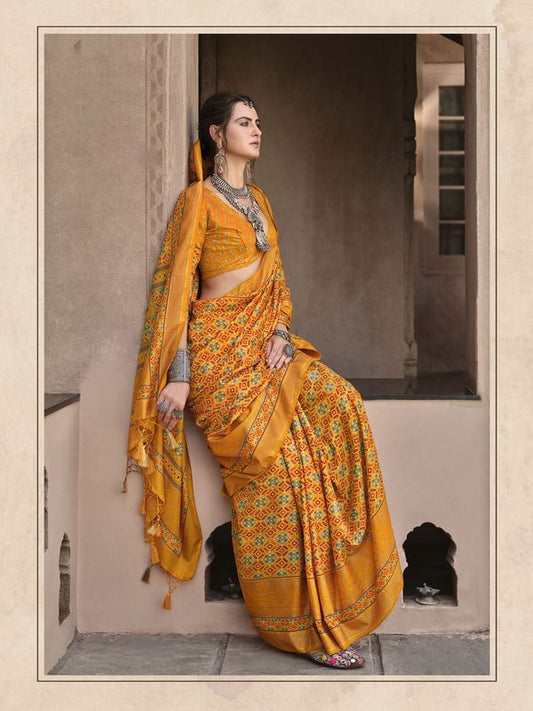 Yellow Color Sigma Silk Designer Ajrakh Printed Traditional Print Saree