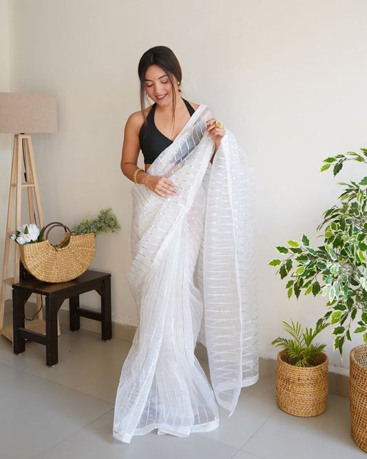 White Silver Gota Embroidery Work Organza Saree