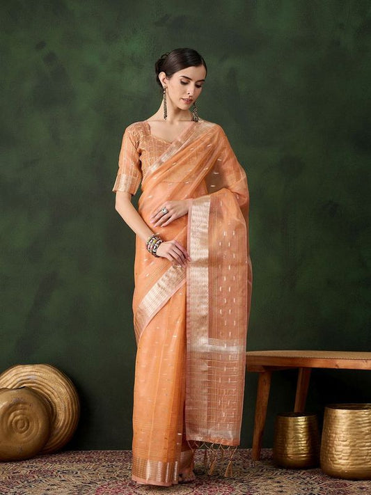 Wevon Jacquard Designer Peach Color Khadi Organza Festive Saree