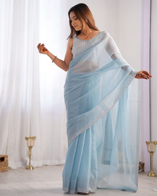 Sky Blue Color Beautiful Jimmy Choo Fabric Designer Sequins Embroidery Work Saree