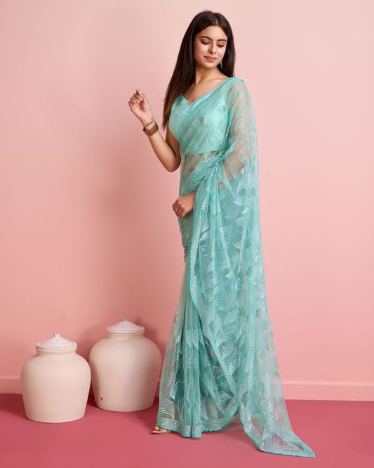 Sky Blue Sequance Embroidery Work Soft Net Saree