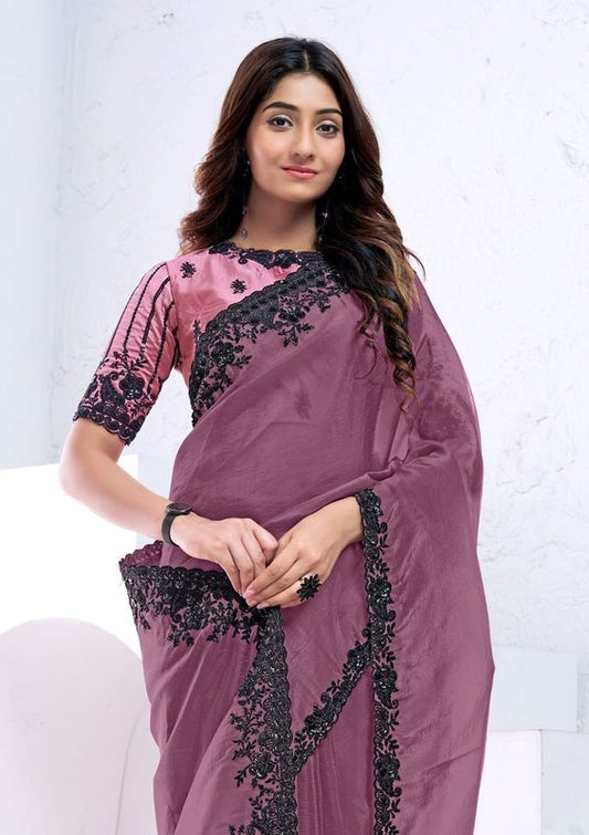 Dark Mauve Sequence Embroidery & Hand Work Crush Silk Saree