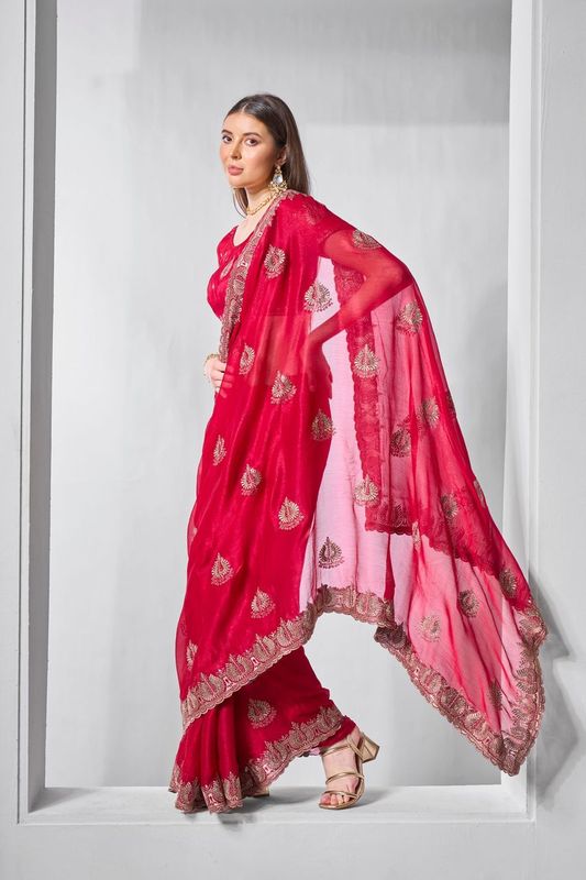 Red Designer Embroidery Work Sitara Chiffon Saree