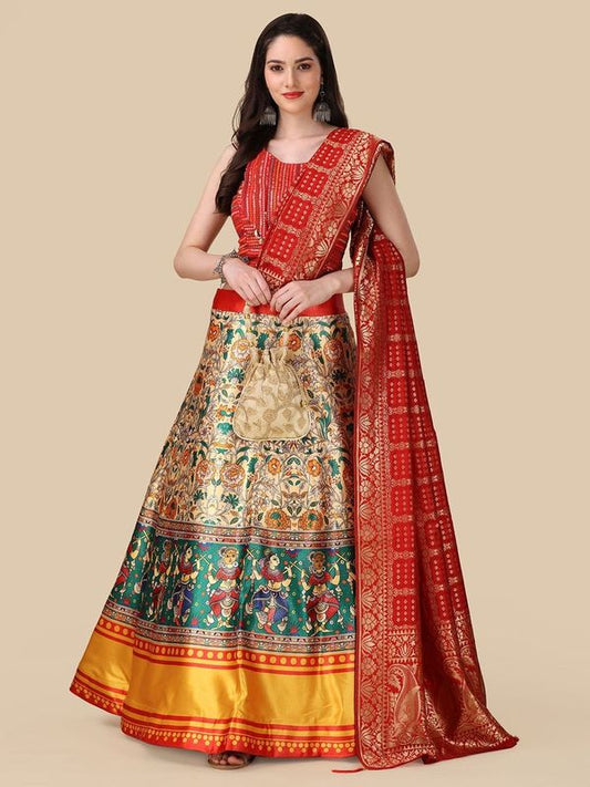 Digital Print Satin Silk Fabric Stitched Lehenga Choli With Jequared Blouse and Assami Silk Thread Work Dupatta For Women and Girls In Festive Party And Traditional Wear