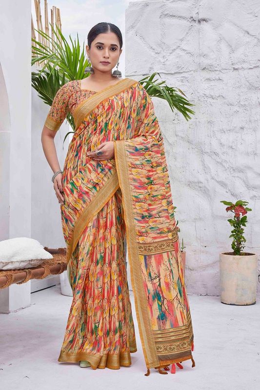 Mustard Color Linen Blend Smart Ethnic Saree With Trendy Digital Print Work