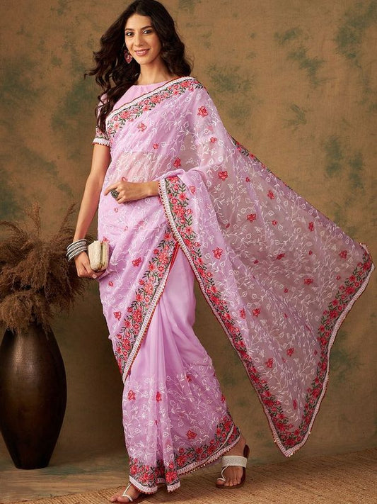 Lavender Designer Embroidery Work Organza Saree