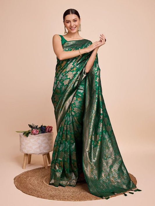 Green Weaving Copper Jari Designer Handloom Silk Saree