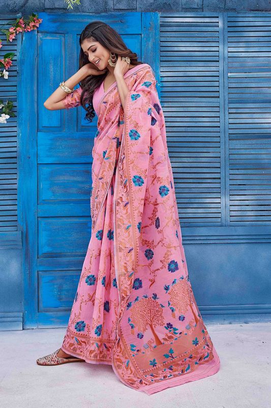 Pink Color Ethnic Linen Fabric Graceful Festive Saree With Wevon Jacquard Designer