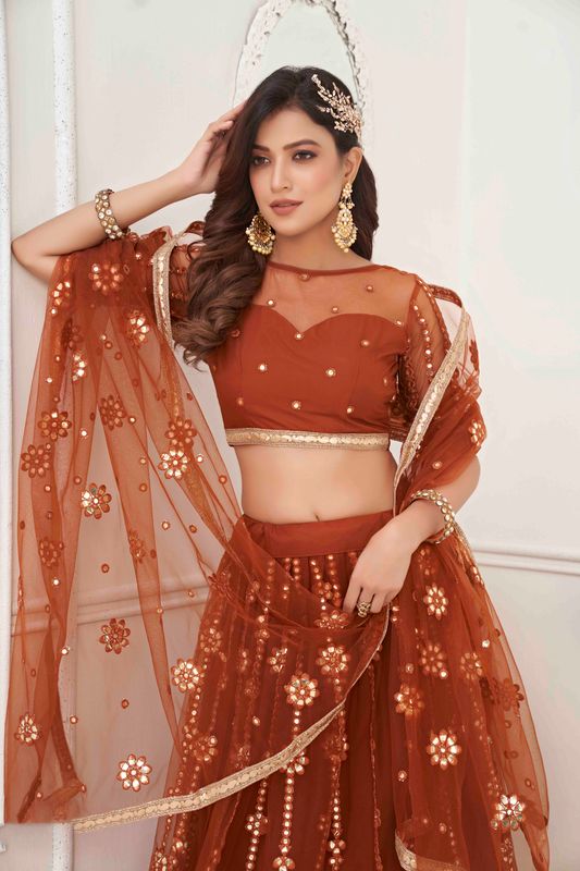 Brown Color Net With Sequins And Thread Embroidery Work -Stitched Lehenga & Unstitched Blouse With Dupatta