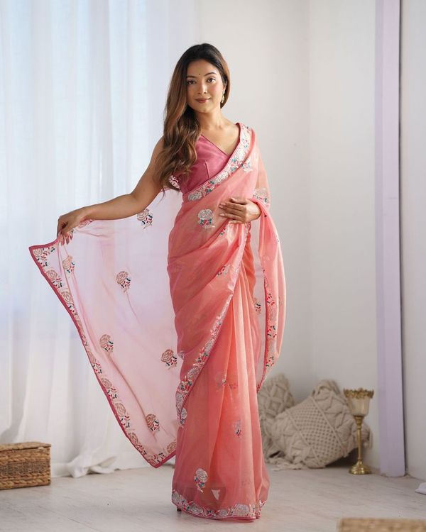 Peach Multy Thread & Sequance Embroidery Work Gold Twill Net Saree