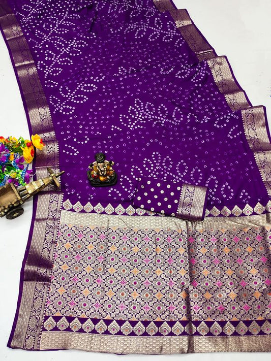 Purple Wevon Designer & Hand Bandhej Dola Silk Saree