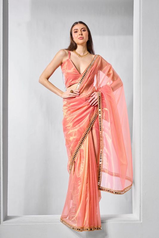 Orange Solid & Gold Cotted Gold Tissue Net Saree