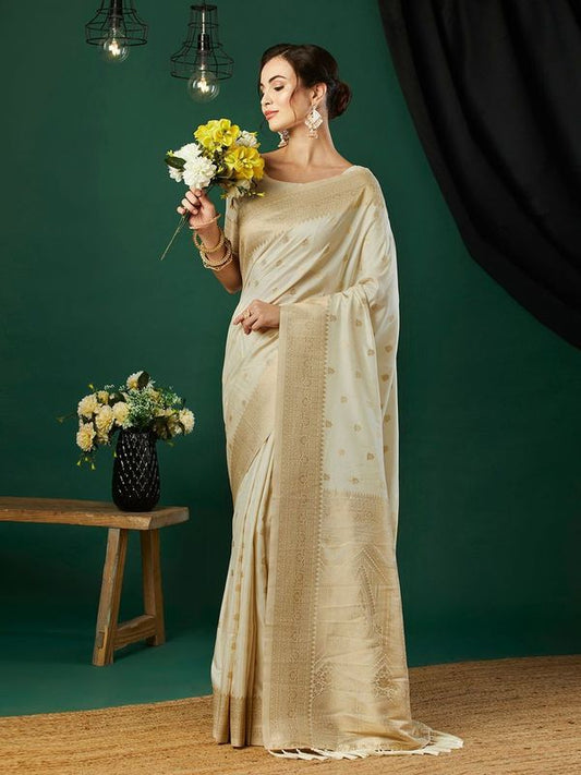 Cream Wevon Jacquard Designer Nylon Banarasi Saree