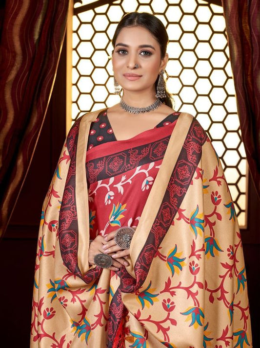 Rust Color Beautiful Designer Digital Printed Pashmina Saree With Shawl