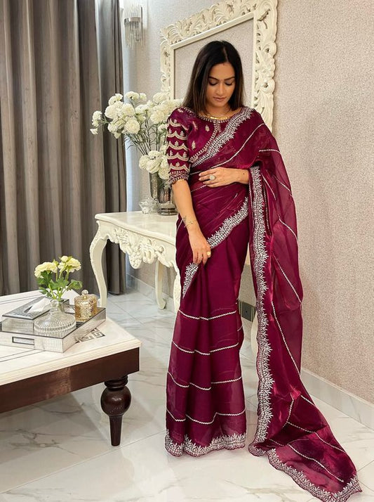 Wine Heavy Silver Jari & Sequance Embroidery Work Jimmy Choo Saree