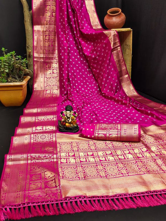 Pink Wevon Jari Heavy Designer & Bandhej Work Kanjivaram Silk Saree