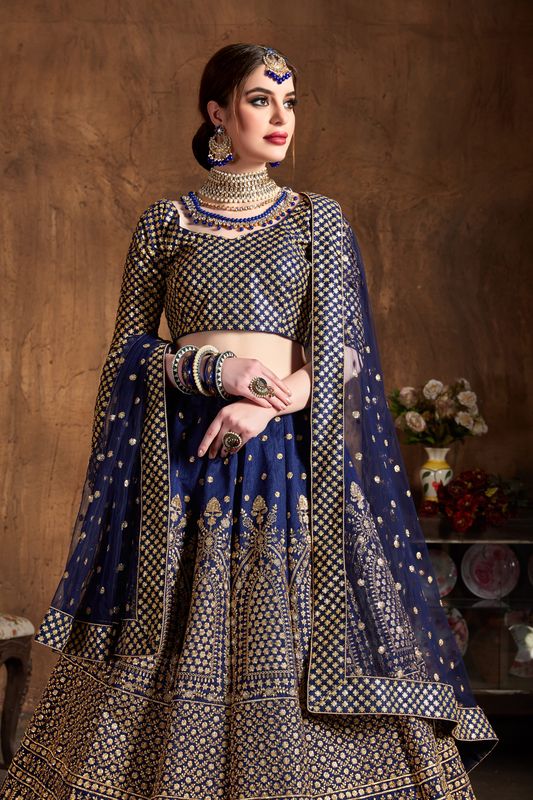 Navy Blue Women's Raw Silk Embroidery Lehenga Choli