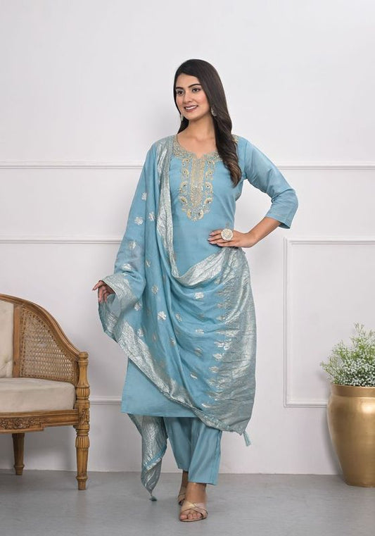 Blue Color Viscoce Silk Fabric Designer Embroidery Work Salwar Kameez For Ceremonial Looks