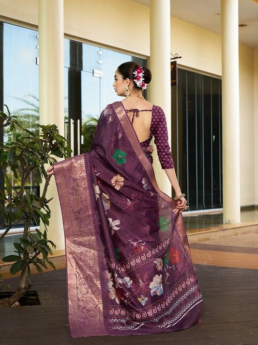 Wine Crepe Printed Saree and Stitched Wine Blouse