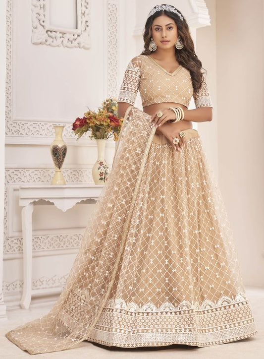 Beige Embroidered Net  Stitched Lehenga