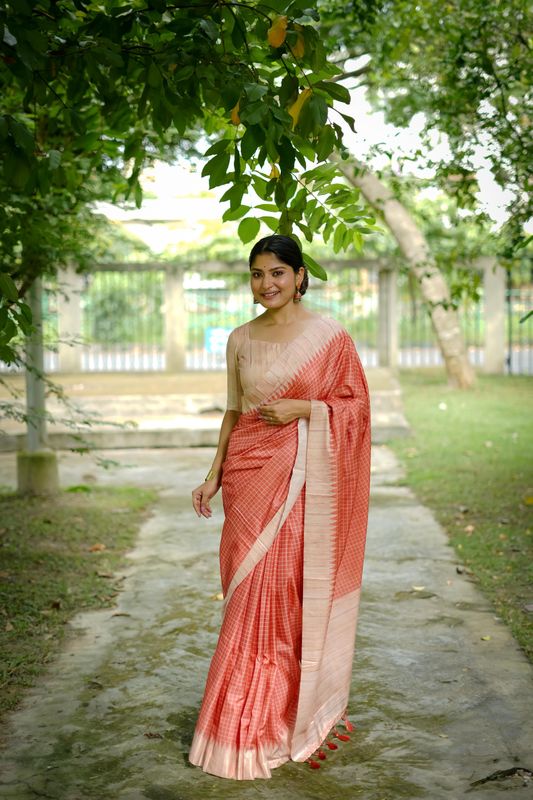 Orange Color Wevon Kantha Designer Tussare Silk Saree With Printed Design