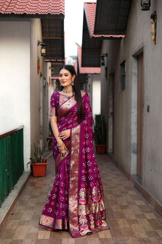 Purple Wevon Matka Border & Pallu Designer & Bandhej Hand Printed Dola Silk Saree