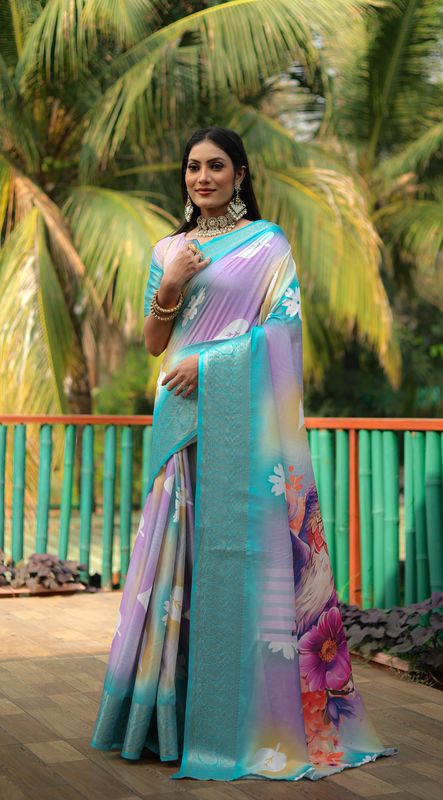 Blue Wevon Designer & Flower Digital Printed Dola Silk Saree