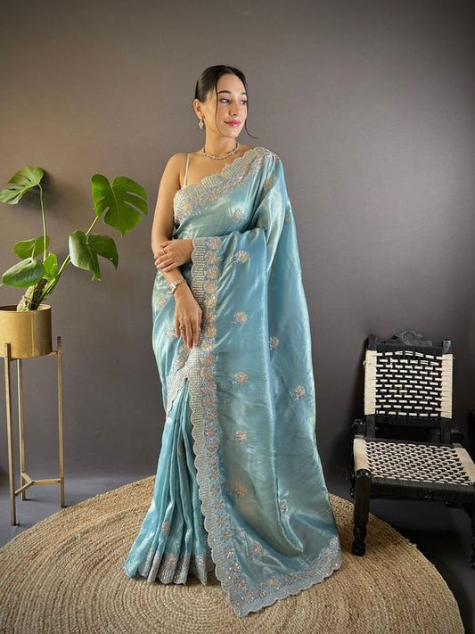 Blue Sequance & Thread Embroidery & Cut Work Gold Crunchy Saree