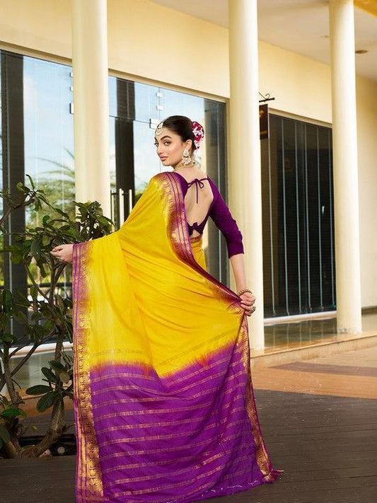 Yellow Crepe Woven Saree and Stitched Wine Blouse