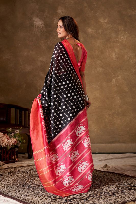 Black Cotton Printed Saree and Stitched Pink Blouse