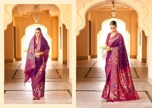 Purple & Pink Wevon Designer & Printed P V Silk Saree