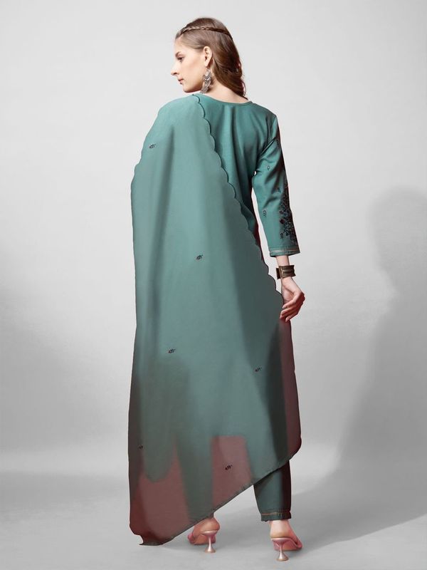 Teal Green Color Cotton Blend Readymade Dress With Designer Embroidery Work