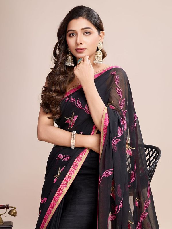 Black Designer Embroidery Work Georgette Saree