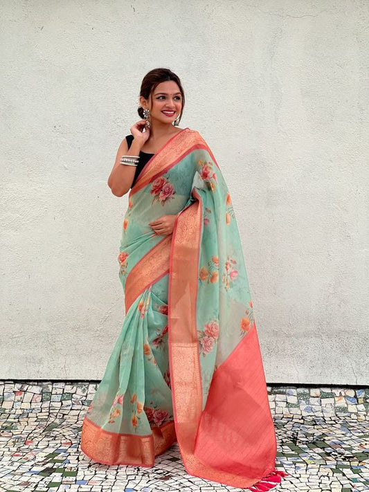 Sea Green Wevon Designer & Floral Printed Crush Tissue Saree