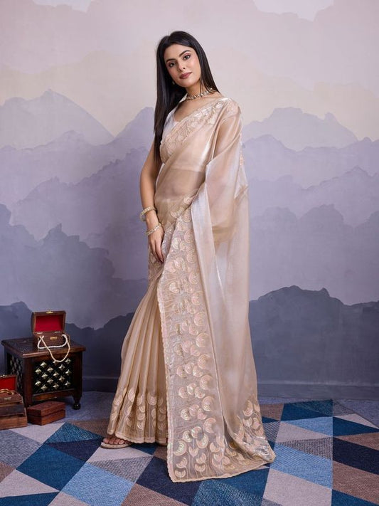 Beige Color Jimmi Silk Fabric Thread Sequins Embroidery Work Heavy Ceremonial Saree