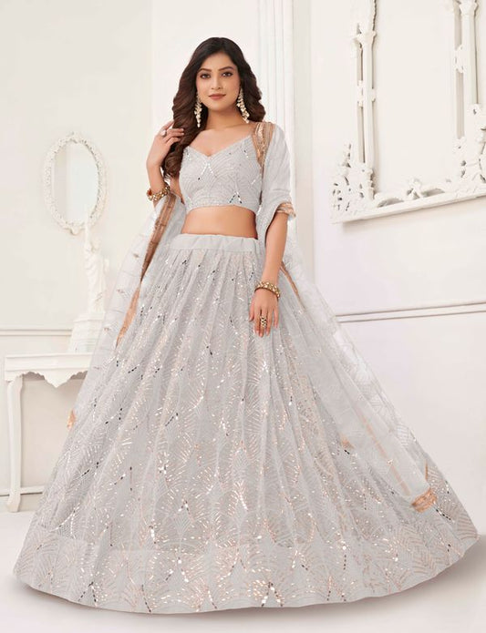 Off White  Color Net Fabric Lehenga Choli With Sequins And Thread Embroidery Work