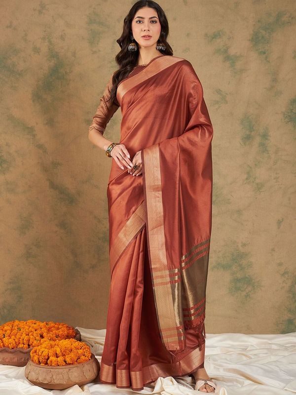 Rust Wevon Jari Designer Cotton Organza Saree