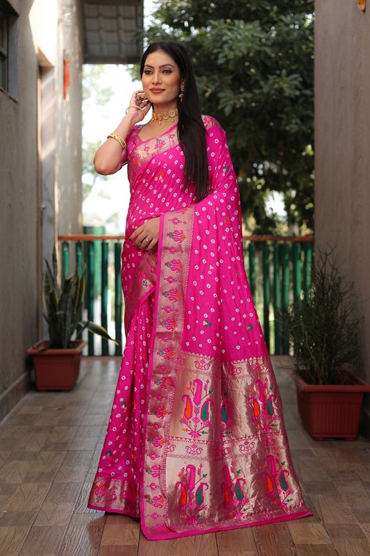 Pink Dola Silk Wevon Paithani Designer Saree With Festive Bandhej Print