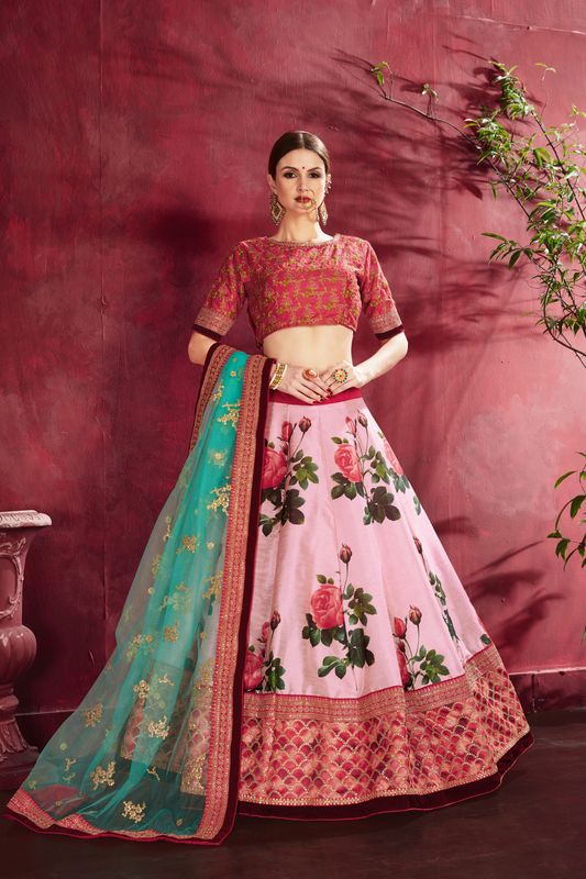 Rose Pink Women's Heavy Banglori Silk Embroidery Lehenga Choli