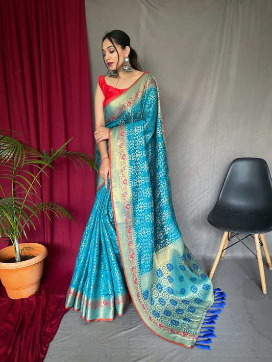 Blue Weaving Jacquard Jari Designer Patola Silk Saree